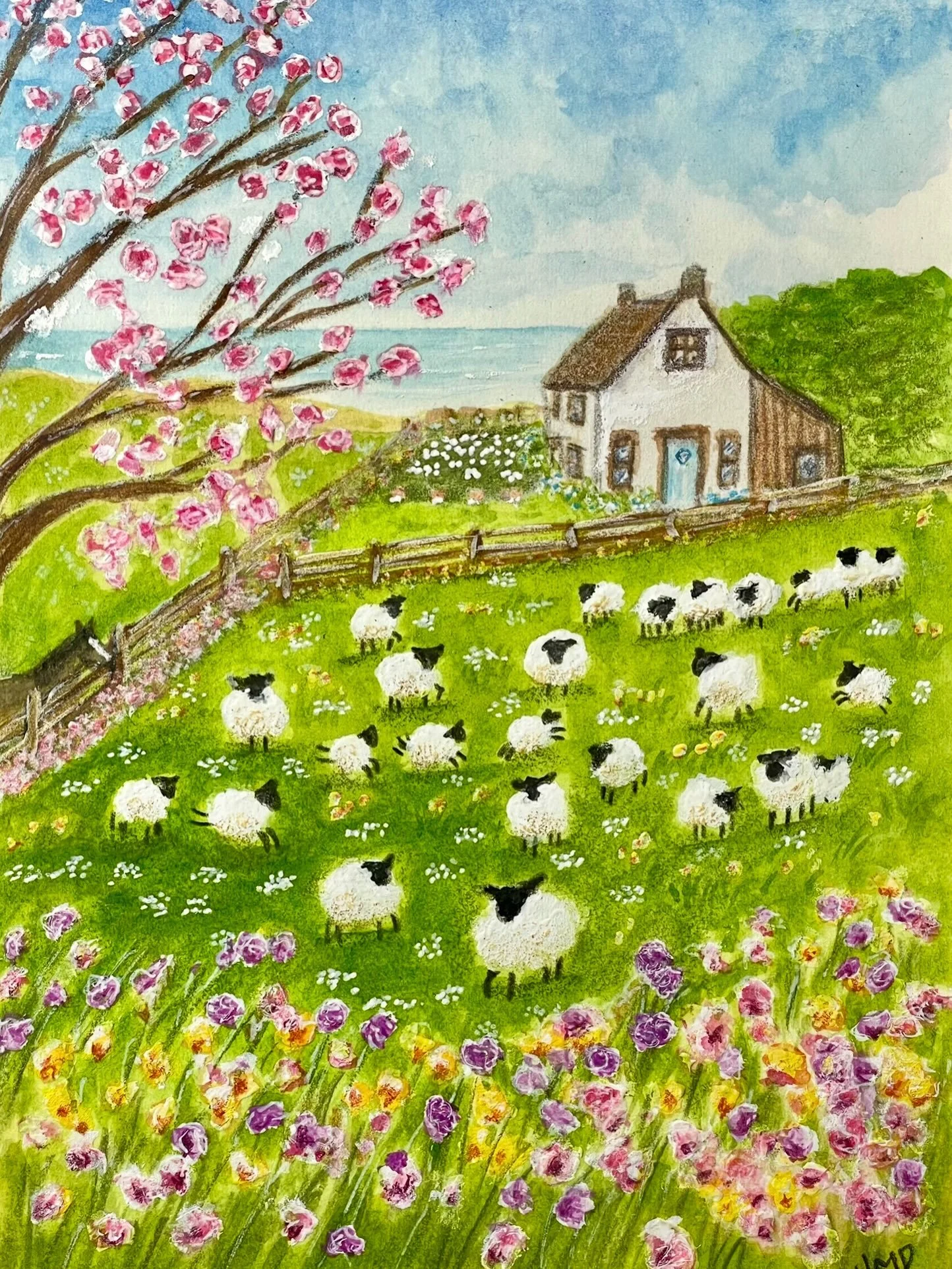 Cottage by the sea - watercolour, gouache and coloured pencils. 🌸🌊

&lsquo;Do not worry about tomorrow for tomorrow will worry about itself.&rsquo; Matt 6:34

#watercolourlandscape #animalartwork #seasidecottage #biblicalart #limitededitionprint