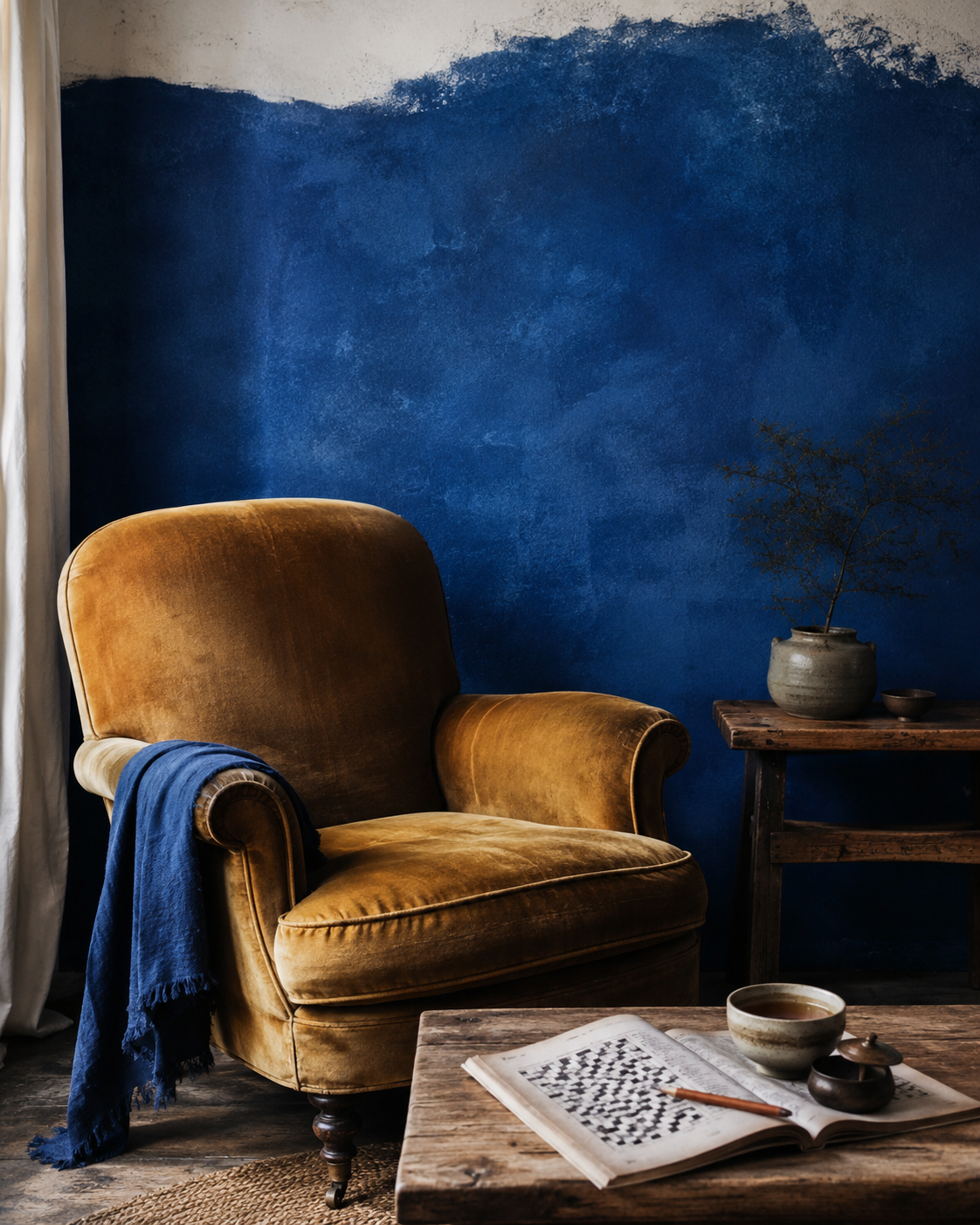 A cozy corner with a mustard yellow armchair draped with a blue blanket, a rustic wooden side table with a potted plant, and a coffee table with an open newspaper, a cup of tea, and small bowls, against a textured blue wall.