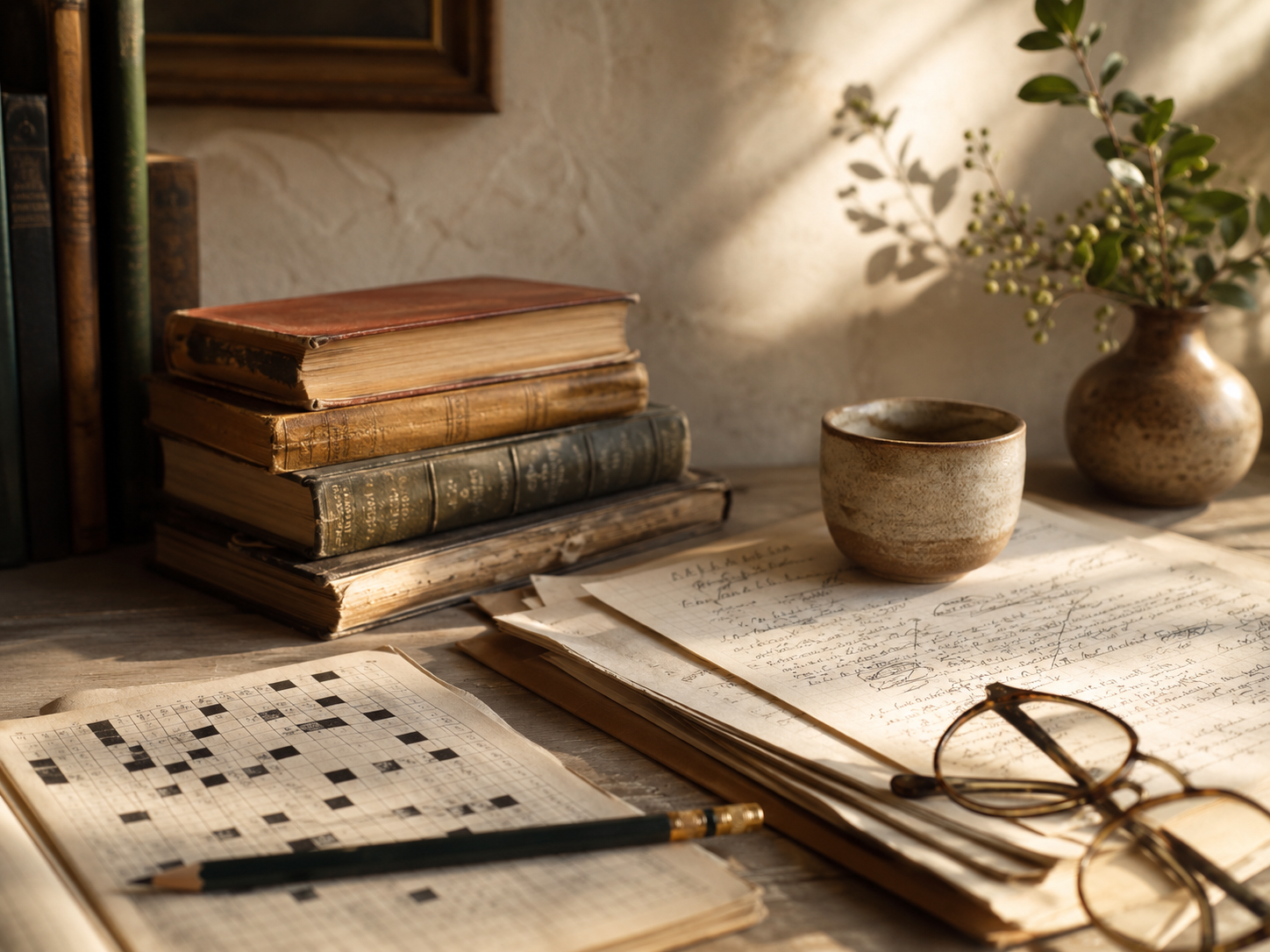 A desk with old books, handwritten notes, a crossword puzzle book, a pencil, a ceramic cup, a pair of reading glasses, and a vase with green foliage and berries.