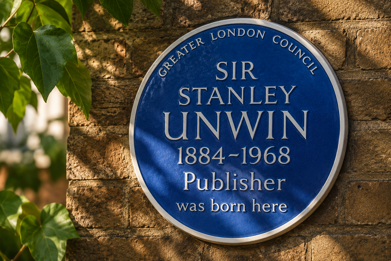 Blue plaque on brick wall honoring Sir Stanley Unwin, publisher, born in 1884 and died in 1968, inscribed 'was born here', under Greater London Council.