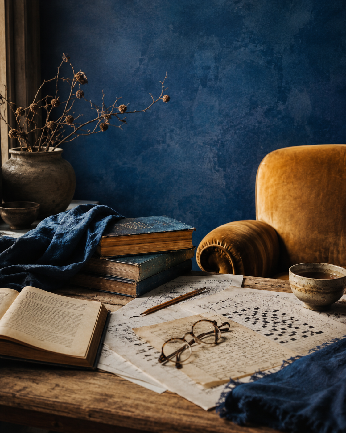 A cozy vintage study setup featuring a wooden table with open books, handwritten notes, a pair of reading glasses, and a pen, with a mustard-yellow armchair beside it. In the background, a blue textured wall, a ceramic vase with dried branches, and a cup of coffee complete the scene.