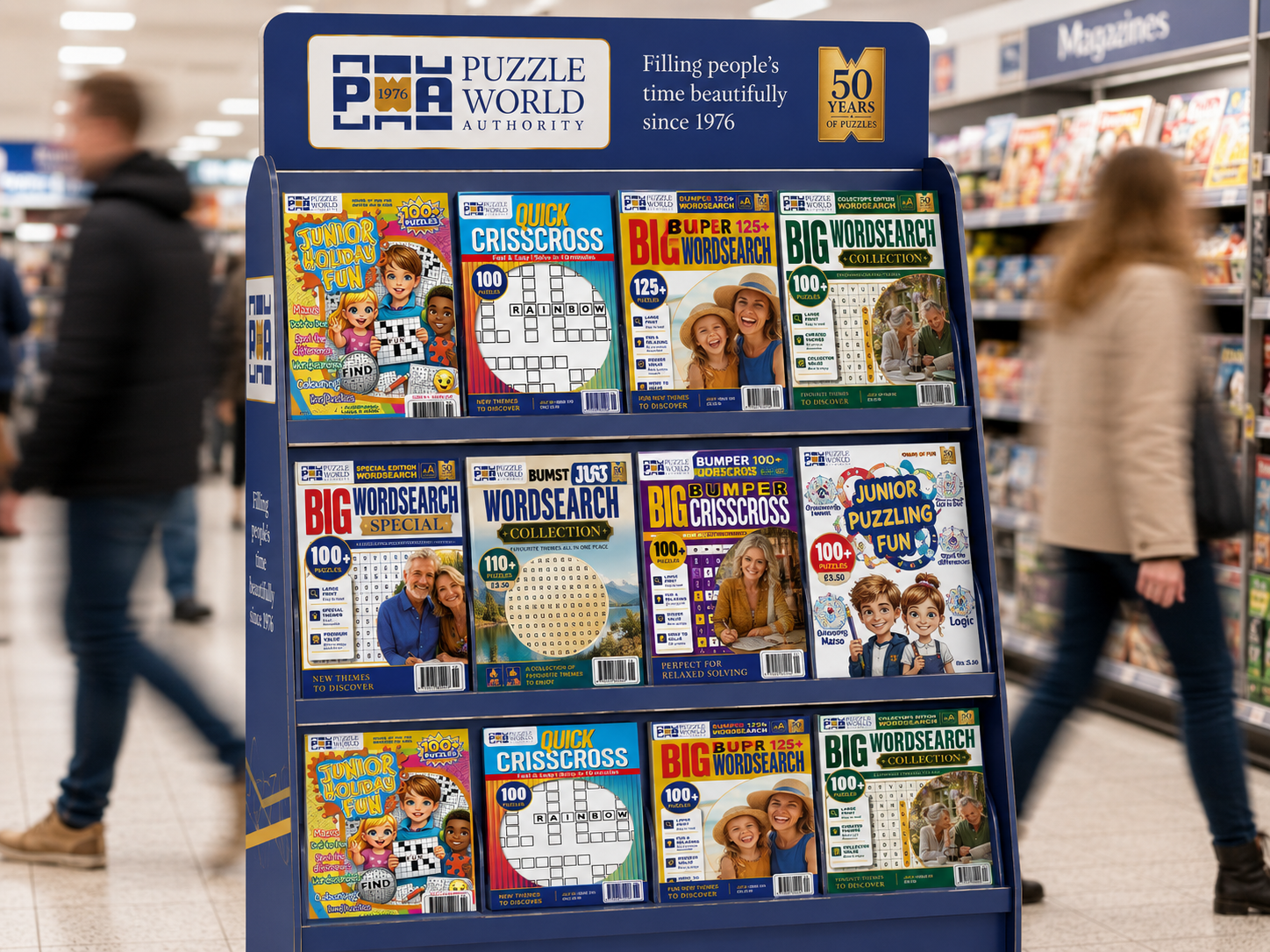 Display rack with various puzzle books, including word searches, crosswords, and brain teasers, in a store aisle.