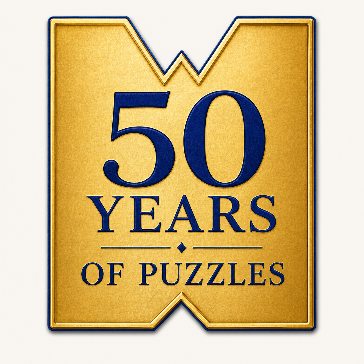 A gold plaque with dark blue text that reads '50 Years of Puzzles'.