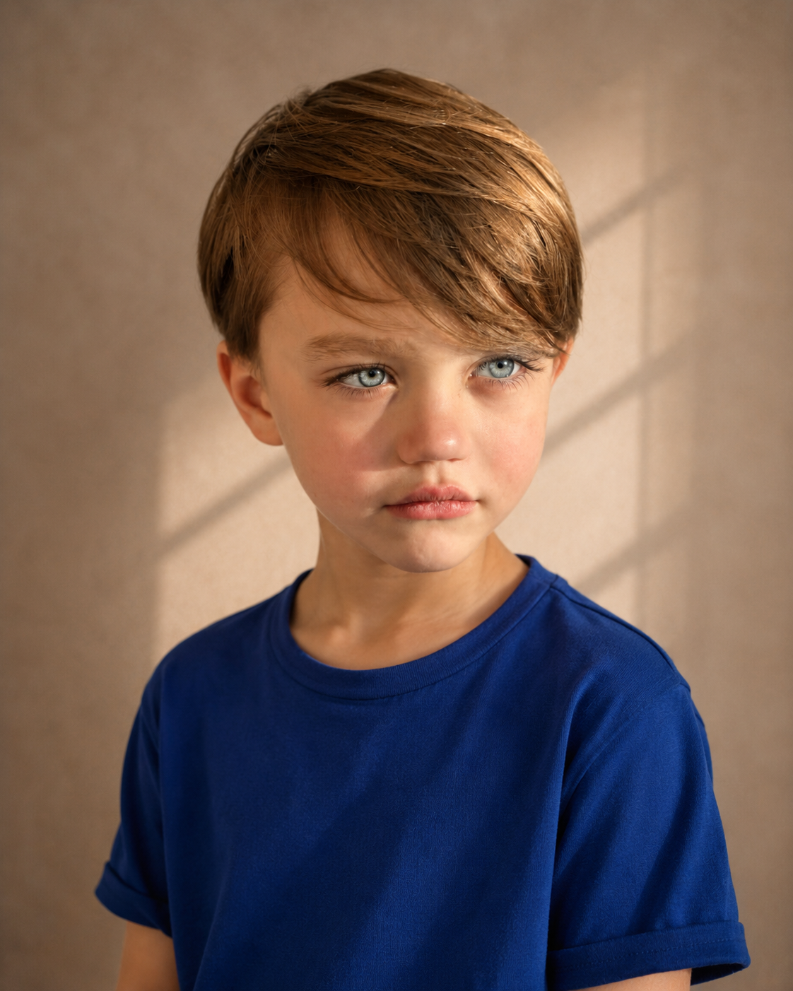 A young boy with light skin, brown hair, and blue eyes wearing a blue t-shirt stands in front of a beige wall with shadows cast on it.