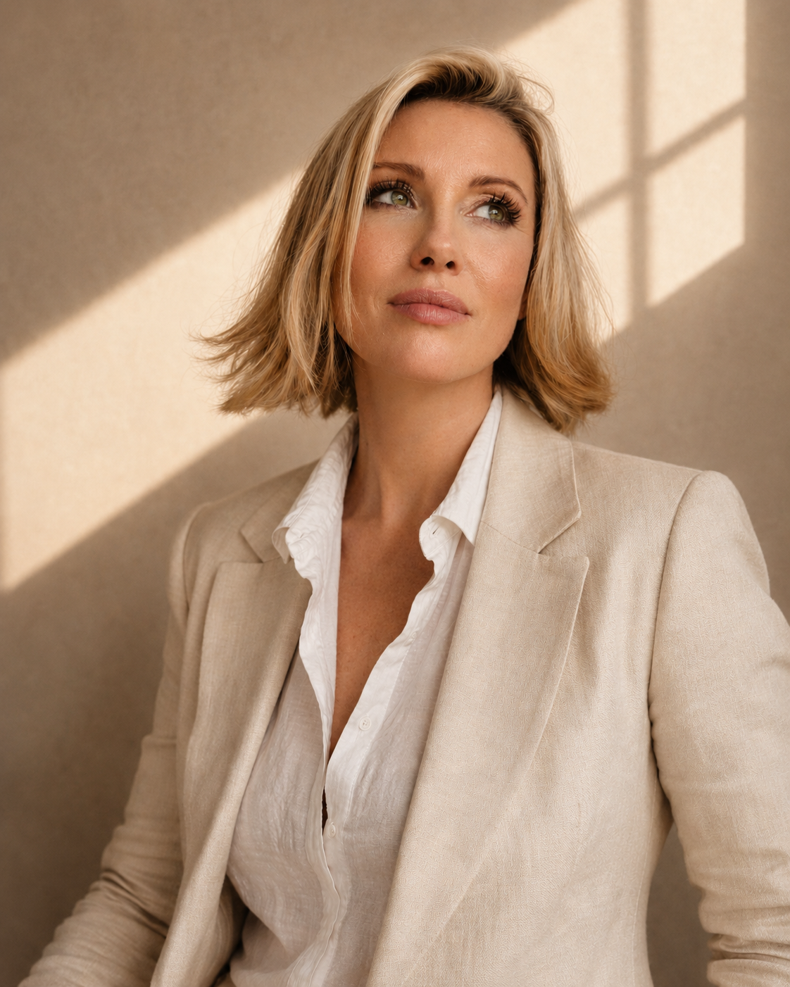 A woman with short blonde hair in a beige blazer and white shirt looking thoughtfully to the side, with sunlight casting geometric shadows on the wall behind her.
