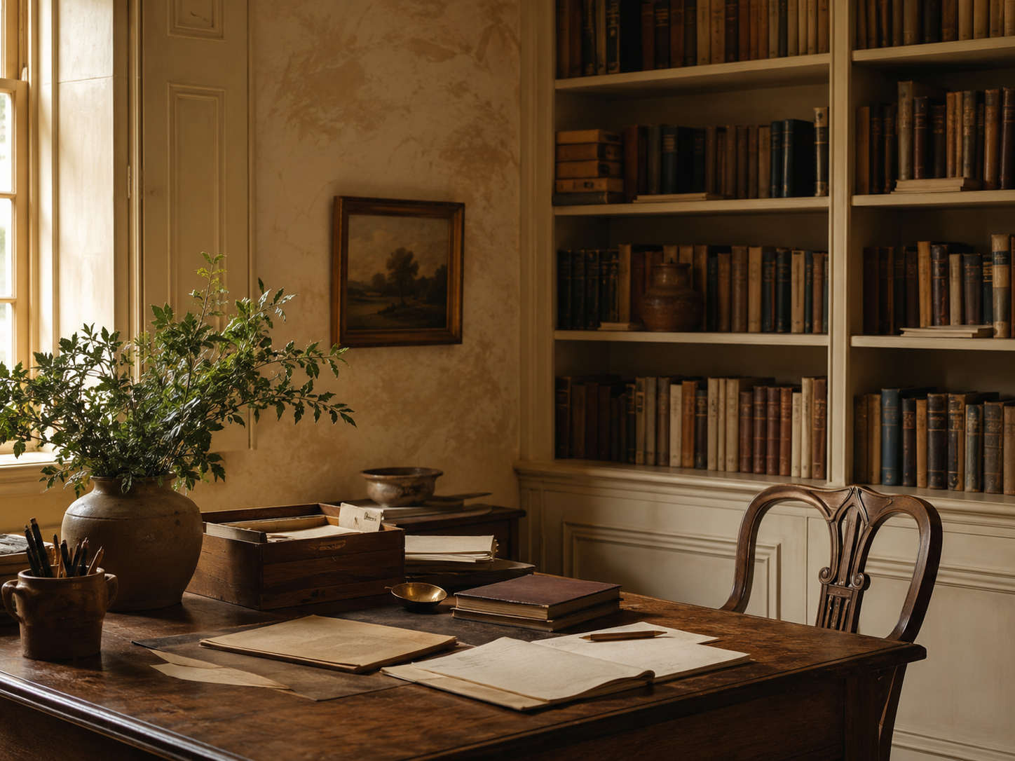 A cozy study room with a large wooden desk, a potted plant, stacks of books, papers, and writing tools. In the background is a bookshelf filled with old books, a framed landscape painting, and a window bringing natural light.