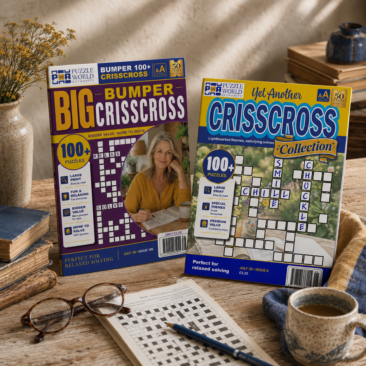 Two crossword puzzle books on a wooden table, one titled 'Big Bumper Crisscross' and the other 'Yet Another Crisscross Collection,' surrounded by a notebook with a crossword puzzle, glasses, a cup of coffee, a pen, and a vase with yellow flowers.