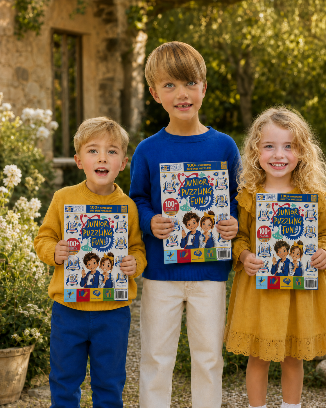 Three children standing outdoors holding puzzles with the title 'Junior Puzzling Fun' on the covers.