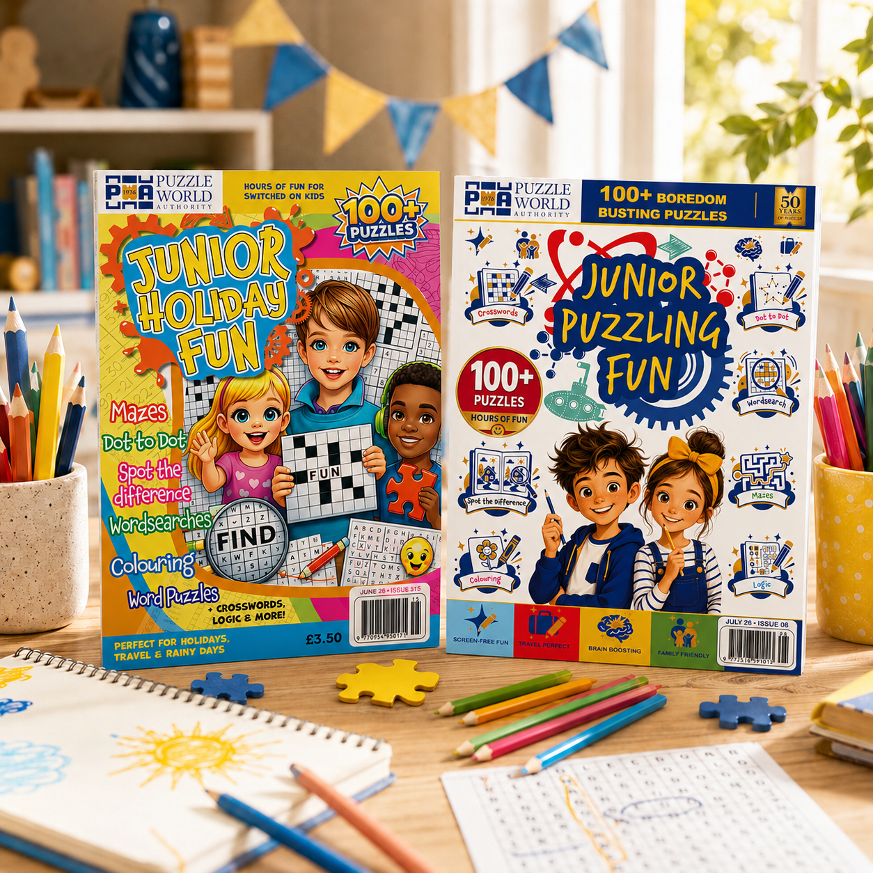 Two children's puzzle books titled 'Junior Holiday Fun' and 'Junior Puzzling Fun' on a wooden table with colored pencils, puzzle pieces, and drawings nearby, in a bright, decorated room.