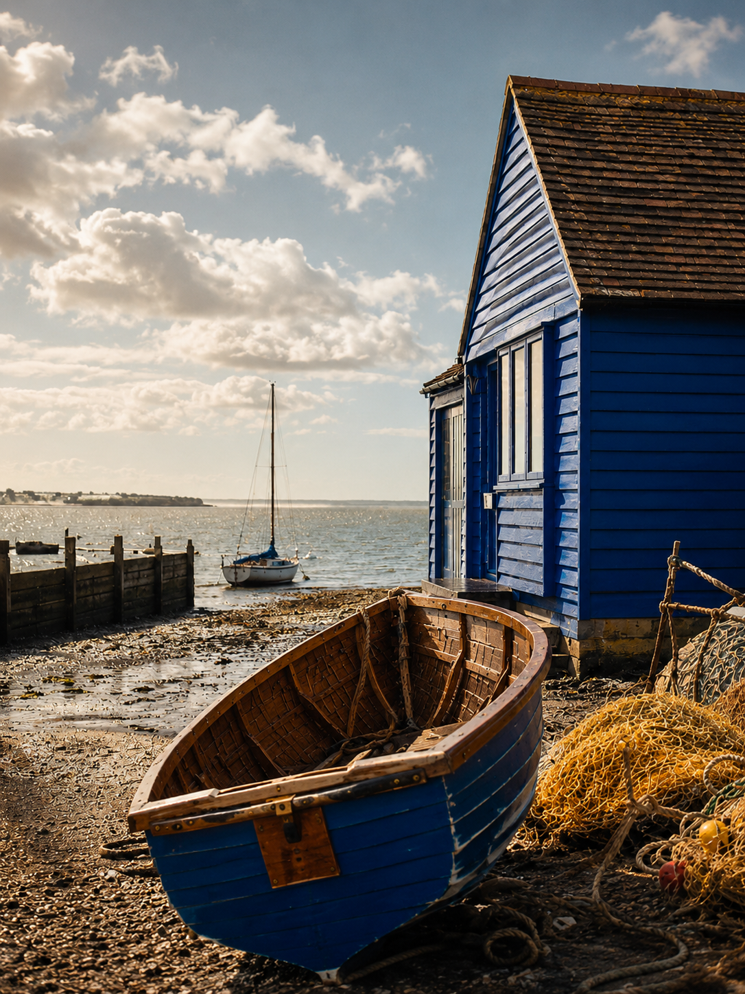 A small wooden boat resting on a pebbled shoreline next to a blue wooden building, with a sailboat anchored in the water nearby and a partly cloudy sky overhead.