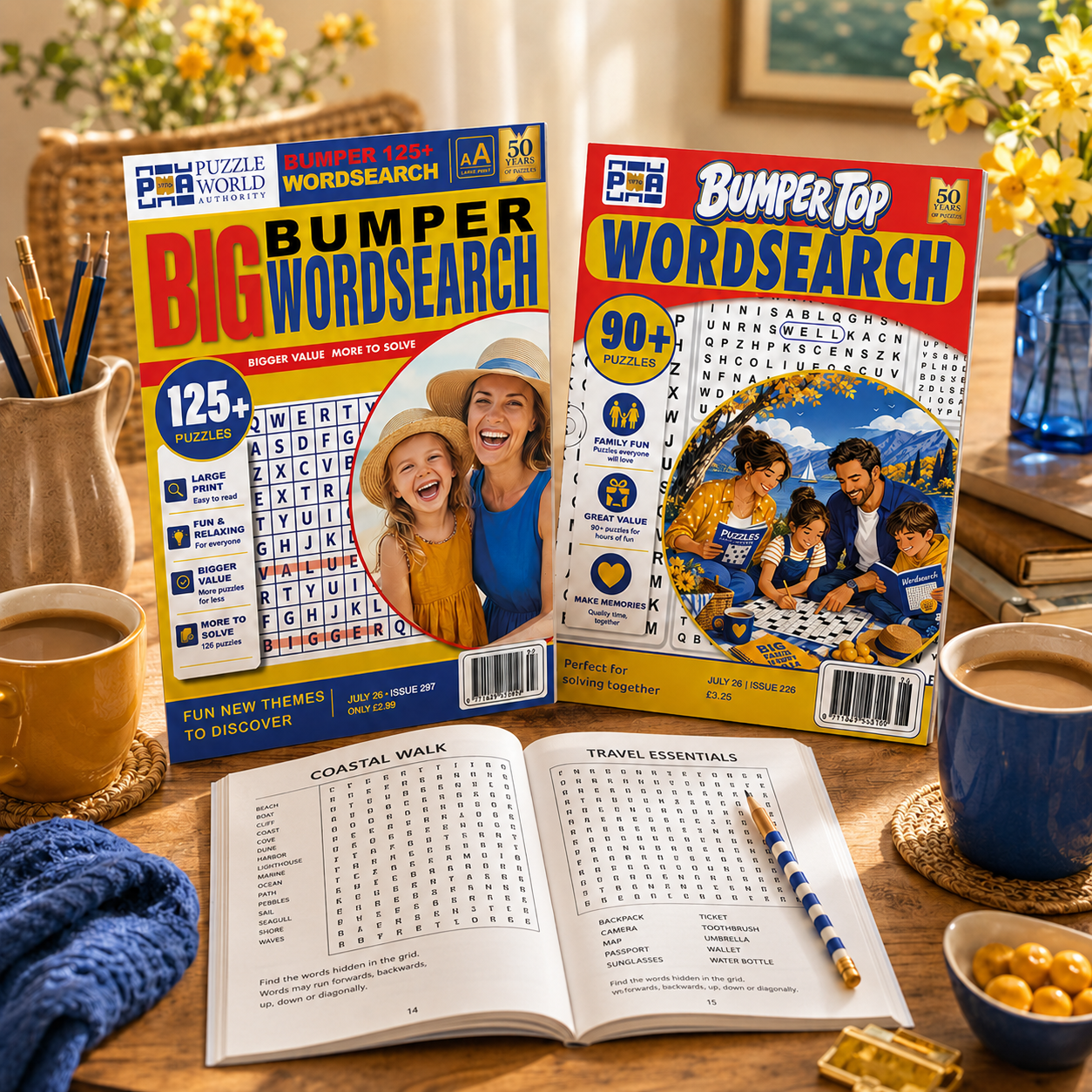 Two puzzle books titled "Big Bumper Wordsearch" and "Bumper Top Wordsearch" on a wooden table with two cups of coffee, an open book with a word search puzzle, a blue knit item, a small bowl of yellow berries, and a blue vase with yellow flowers in the background.