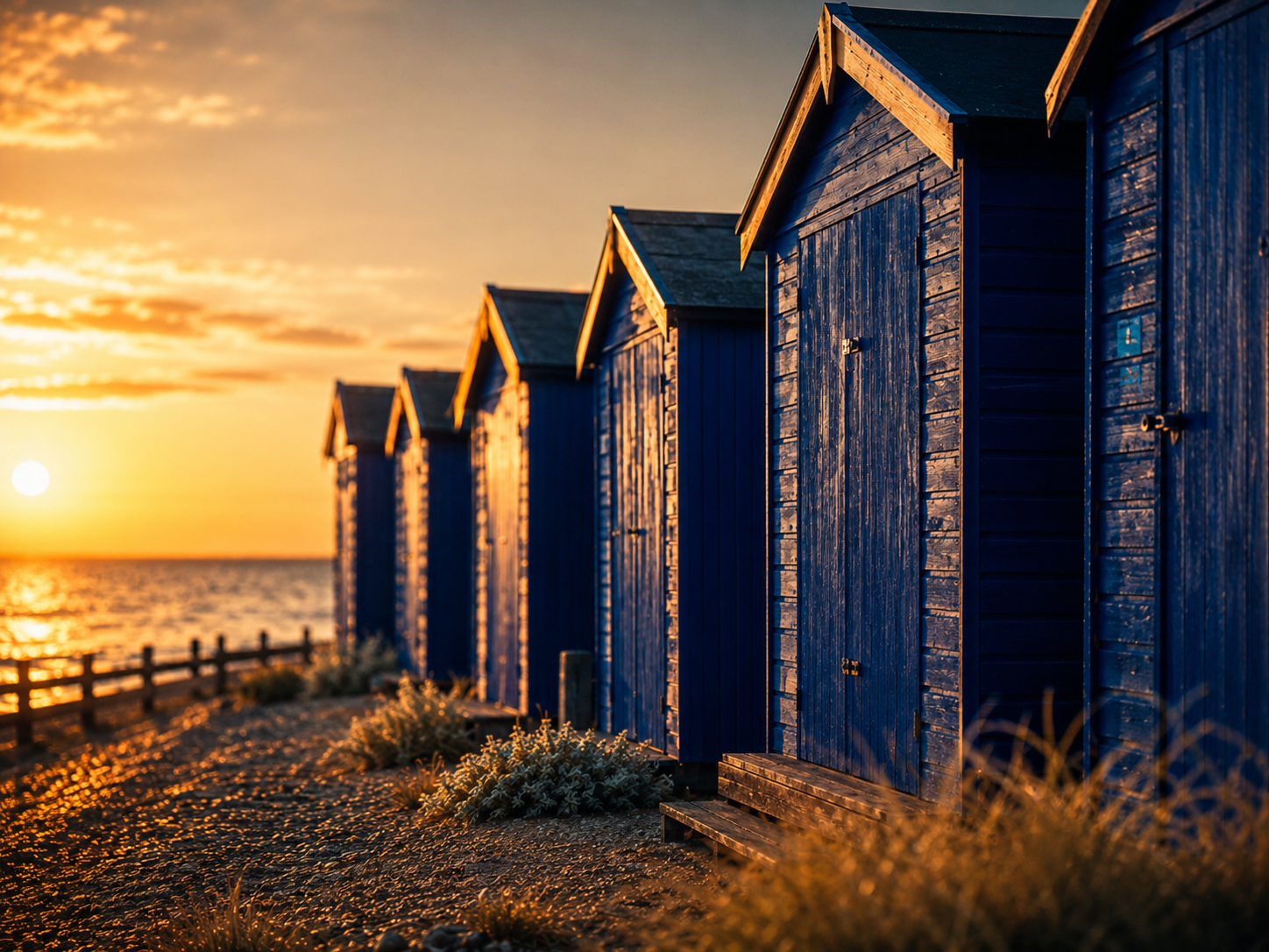 A row of blue beach huts along a coastline at sunset, with the ocean and sky in the background, and the sun near the horizon casting a golden glow.