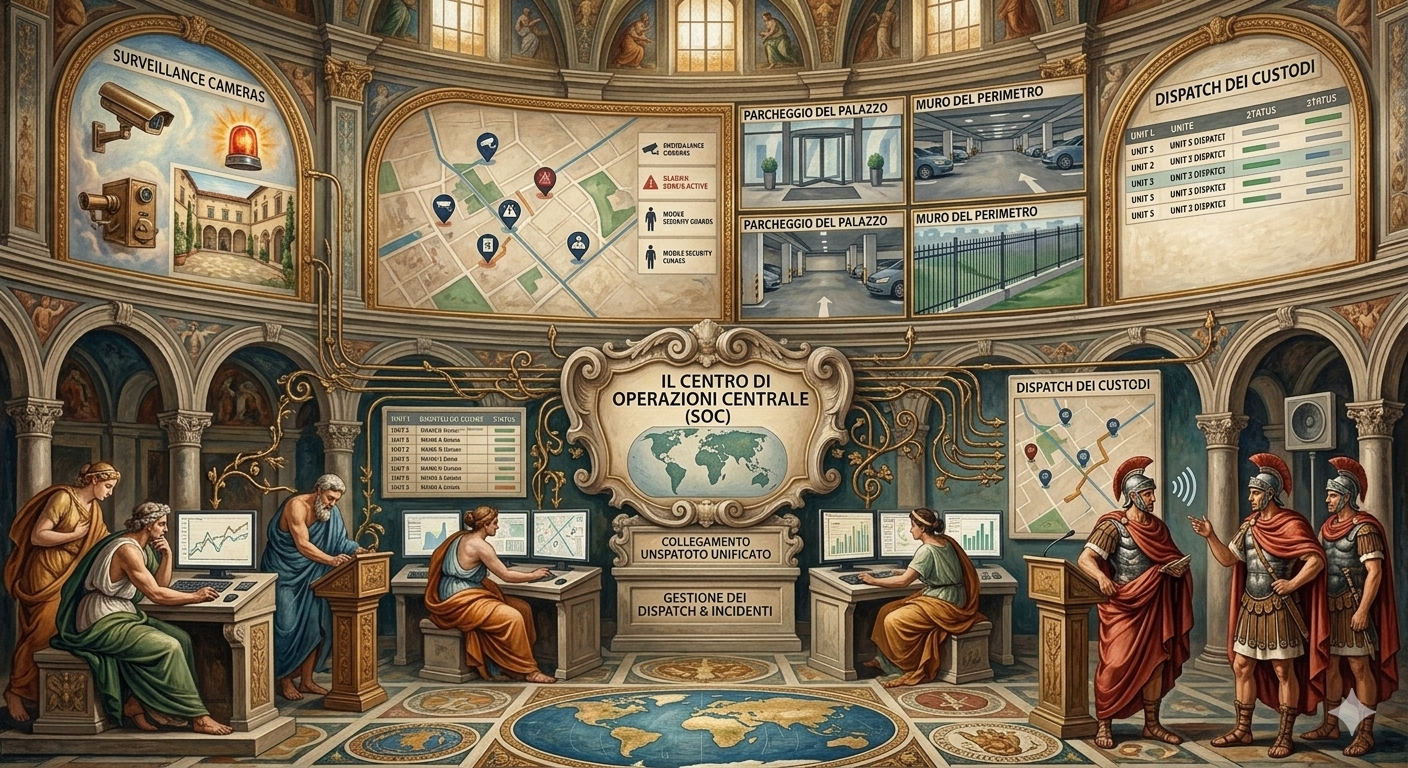 A digital artwork depicting a central operations room with 7 people, some in ancient Roman attire and some modern, working at desks with computers, surrounded by screens showing maps, maps including a city map, surveillance camera feed, perimeter walls, and dispatch information; featuring a mix of historical and modern elements.