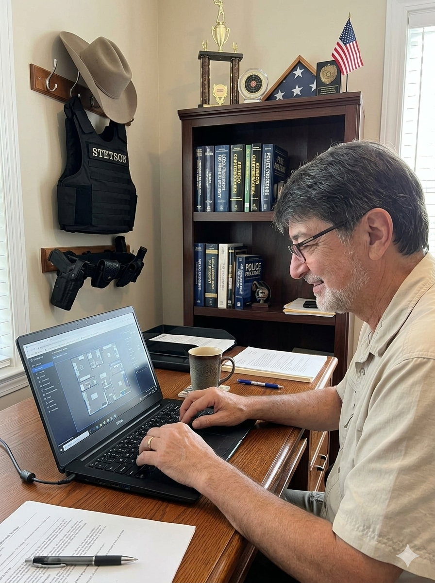 A man sitting at a desk working on a laptop with a floor plan displayed on the screen. The desk has a coffee mug, papers, and a pen. Behind him is a bookshelf with books related to policing, a flag, and framed memorabilia. To his left, a coat rack holds a hat, a vest labeled 'Stetson,' and a holstered gun.