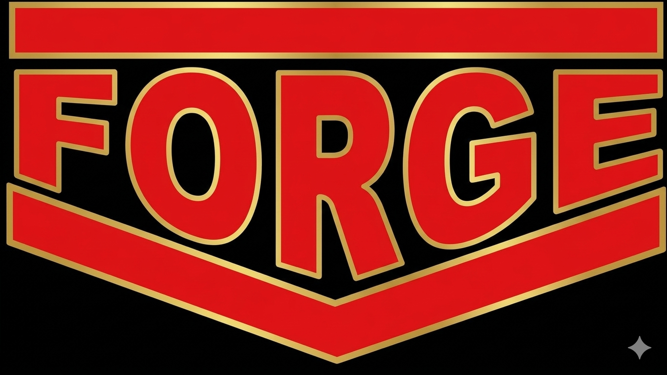 The image features a logo with the word 'FORGE' in bold, red, capitalized letters outlined in beige, set against a black background. The logo has a geometric shape resembling a shield or badge with a red and beige border.