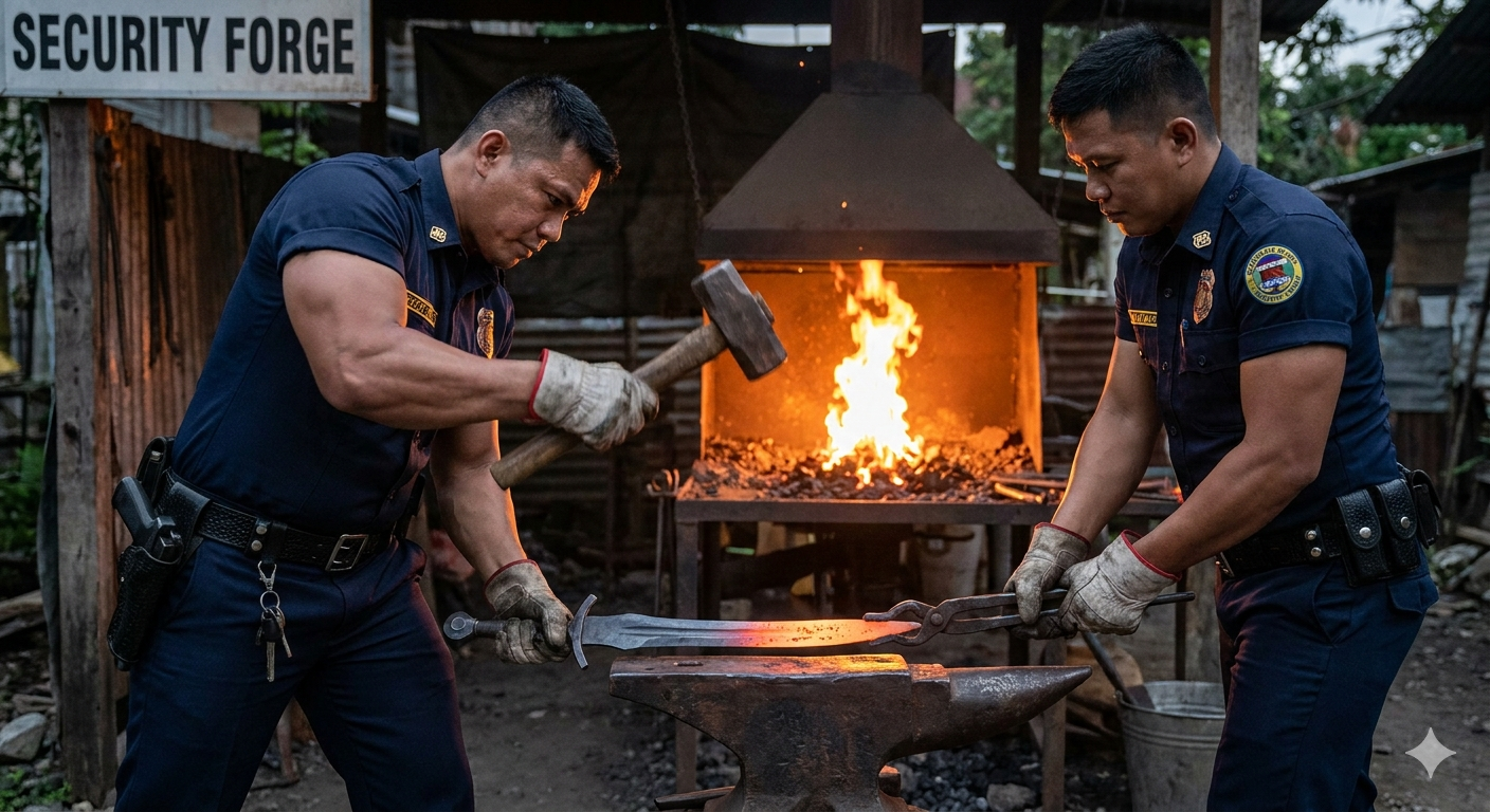 Two blacksmith police officers forging a weapon together in a blacksmith workshop, with a fire burning in the background and a sign that says 'Security Forge'.
