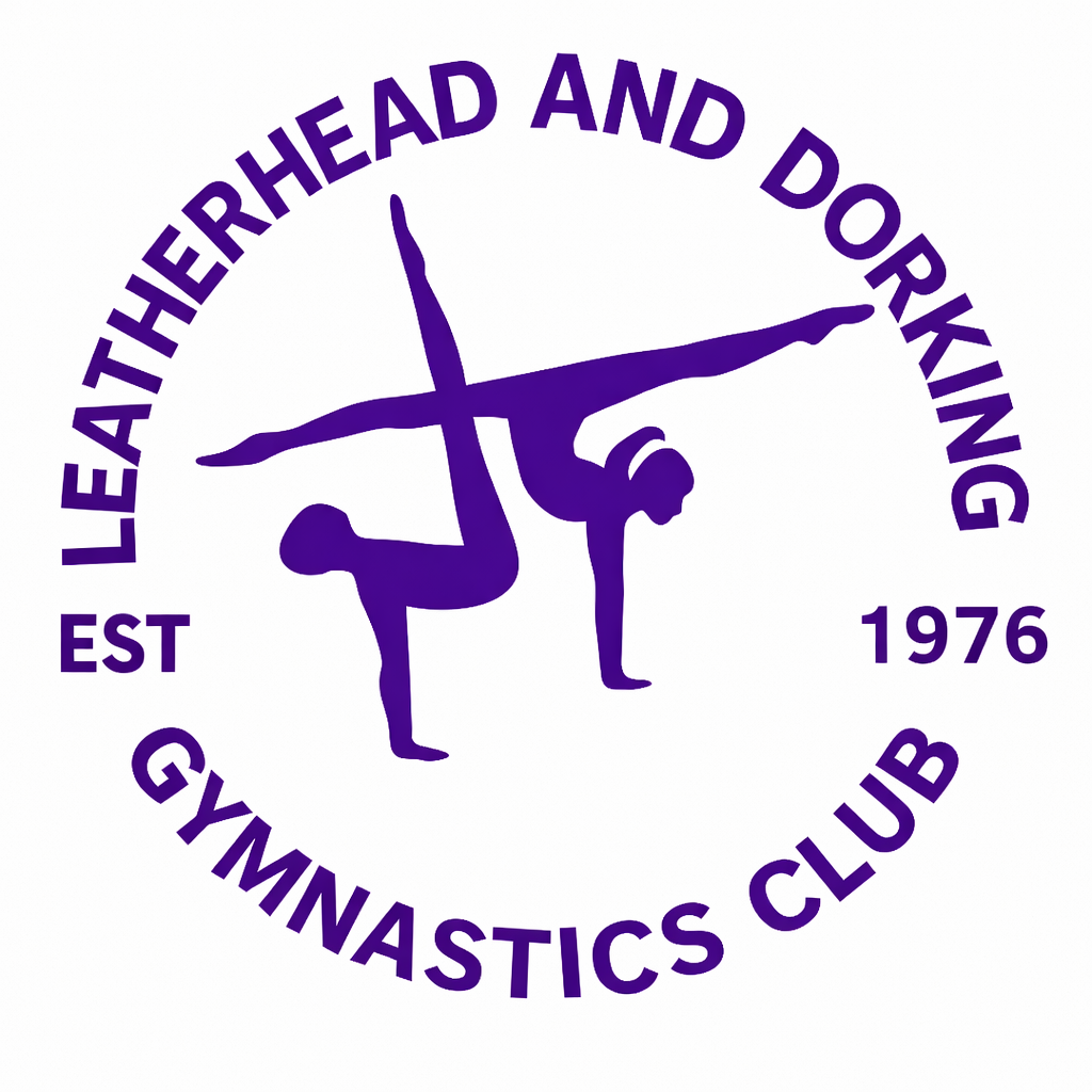 Text overlay on a white background reads 'Photo Coming Soon...'. There is also a partial logo of a gymnast in purple, performing a move, with the text 'LEATHERHEAD AND DOR’k ING GYMNASTICS CLUB' and font size indicating it is a placeholder for a future image.