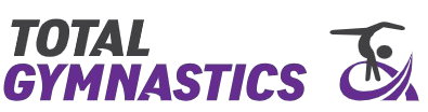 Logo with the words 'TOTAL GYMNASTICS' in black and purple, and a stylized figure performing a gymnastics move.