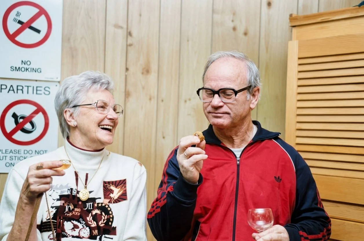 An elderly woman and man enjoying snacks together in an indoor setting with wood-paneled walls. The woman holds a snack and smiles, while the man looks at his snack with a neutral expression. There are signs on the wall indicating no smoking and no parties.