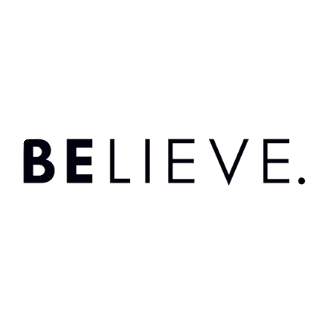 The word 'BELIEVE' in dark blue capital letters on a black background.