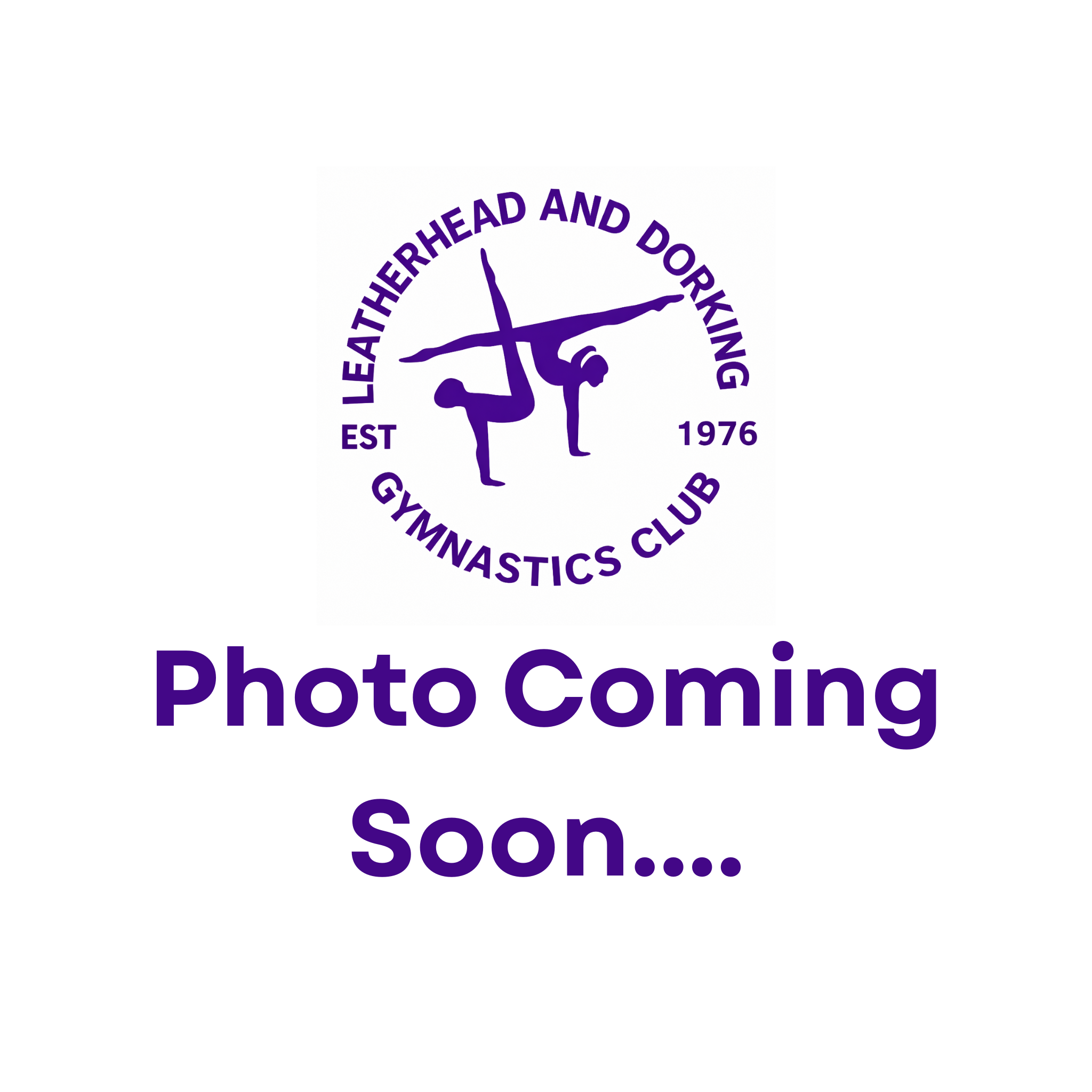 A digital placeholder image with purple text stating 'Photo Coming Soon...' and a circular logo with a gymnast silhouette surrounded by the words 'Leatherthead and Dorking Gymnastics Club,' established in 1976.