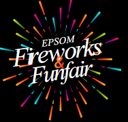 Colorful fireworks display with the text 'Epsom Fireworks & Funfair' in the center.