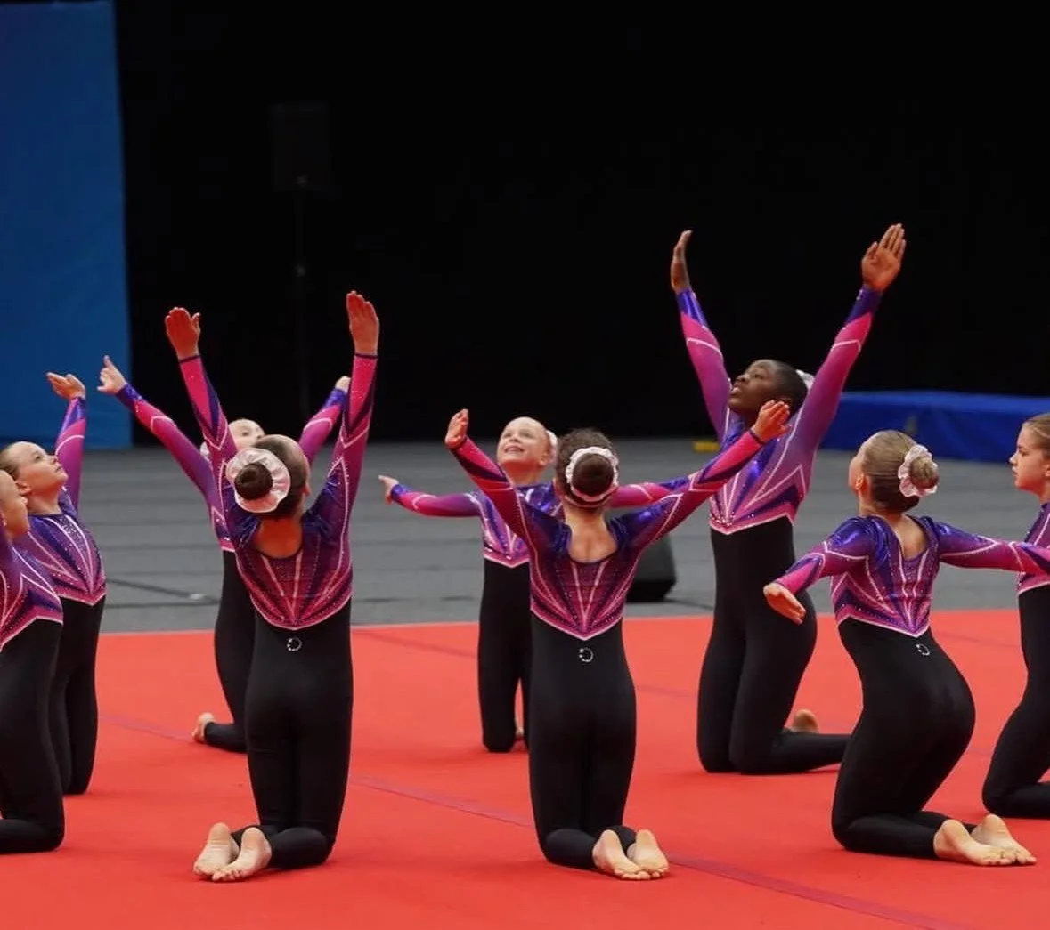 A group of young gymnasts performing a routine on a red mat, dressed in matching purple and pink leotards with black pants, some kneeling and others standing with arms raised.