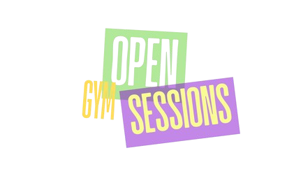 A colorful graphic with the word 'OPEN GYM SESSIONS' in bold purple letters on a lavender background.