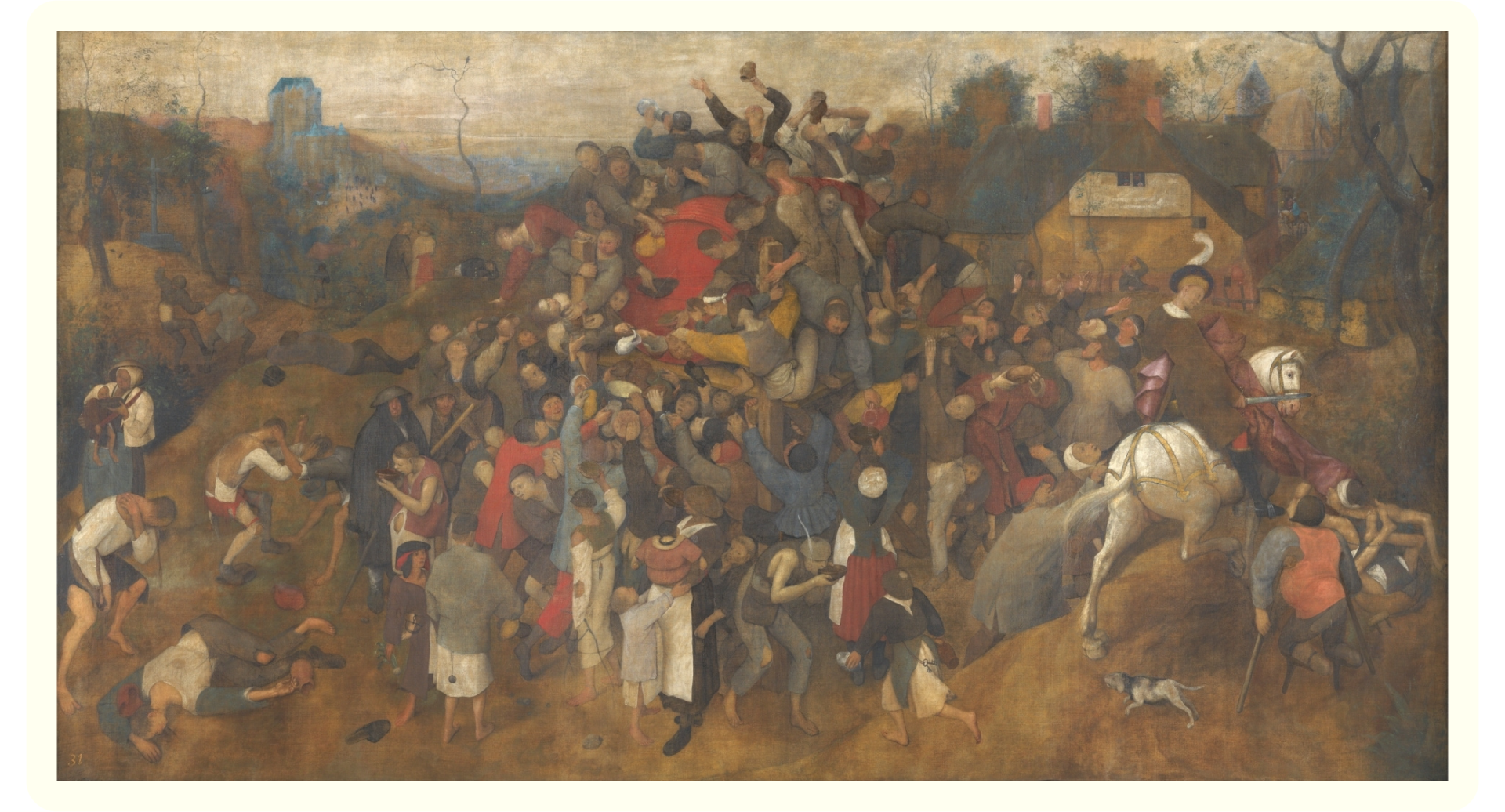 A large religious mural depicting a chaotic scene of people falling and fighting, with a figure in a crown on a white horse in the foreground.