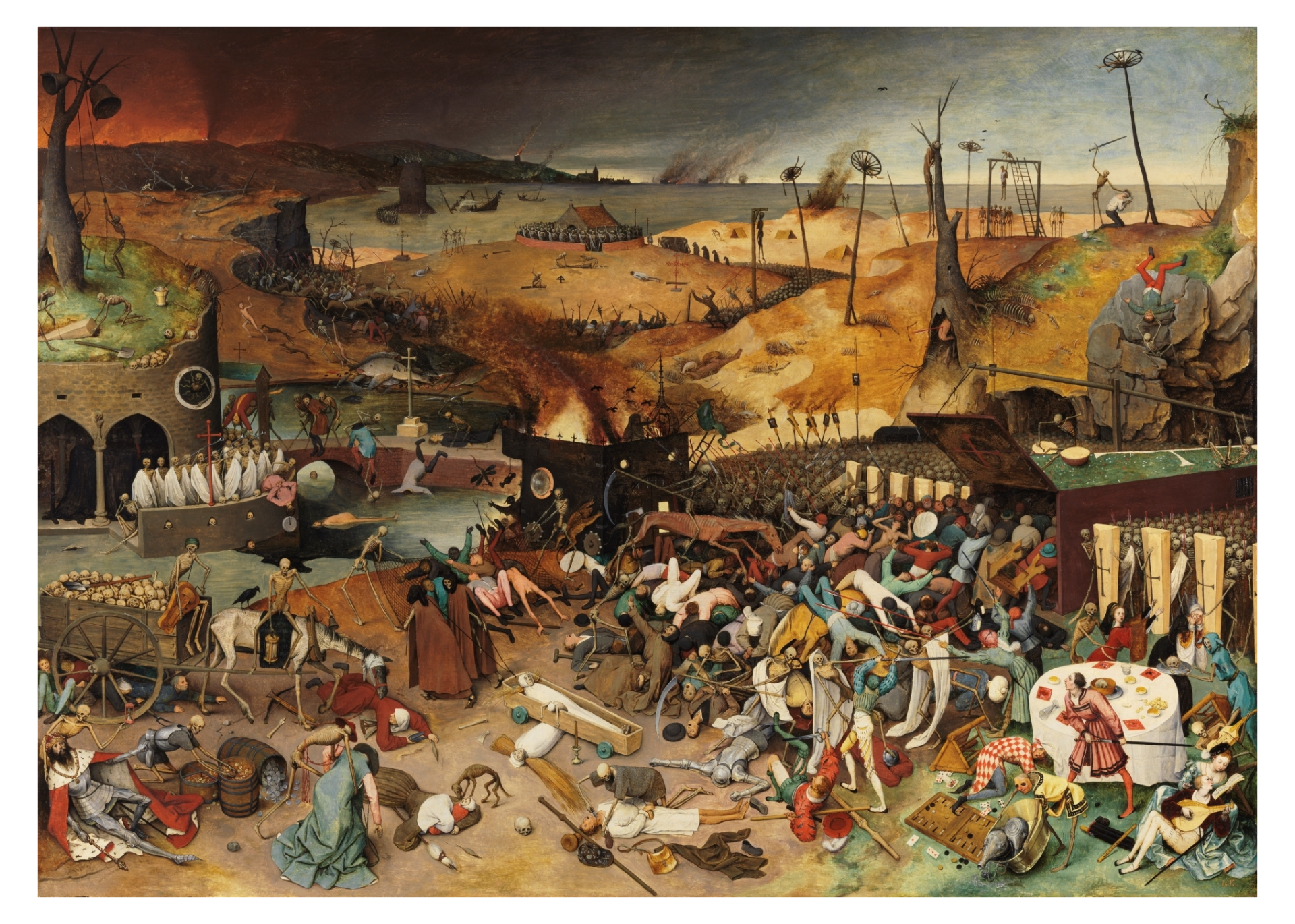 A painting depicting the consequences of the Protestant Reformation and Wars of Religion, showing chaos, violence, and destruction with skeletal remains, burning buildings, and battle scenes.