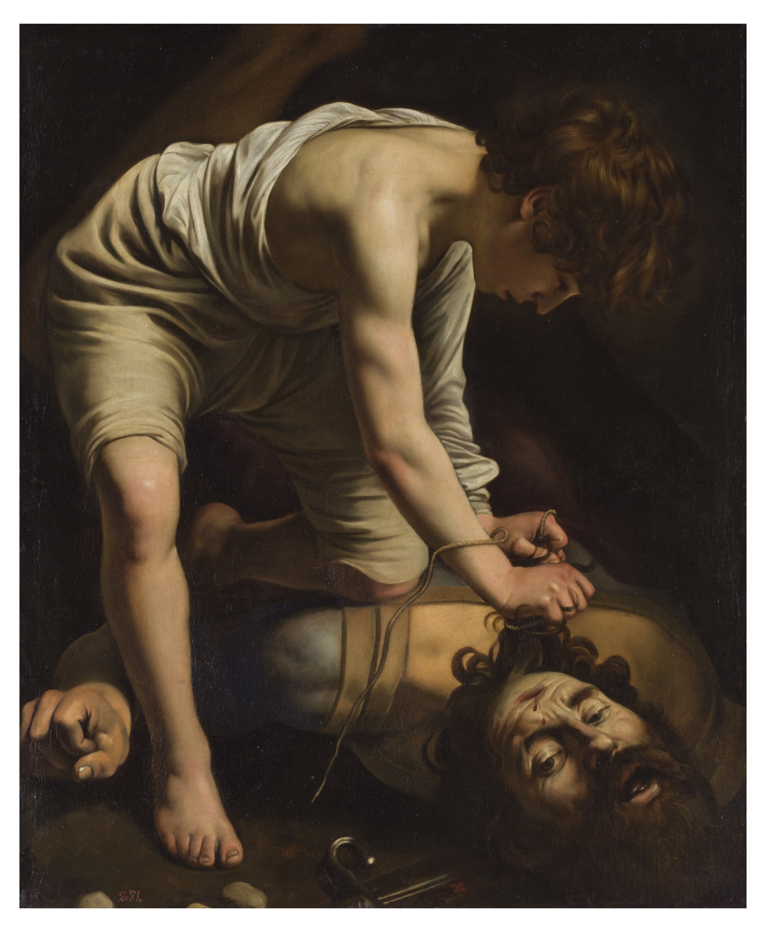 A painting depicting a young man with curly hair and a cloth draped over his shoulder, leaning over a young woman with long hair and a wound on her forehead, lying on the ground. The scene is dramatic and intense, with dark background and realistic d