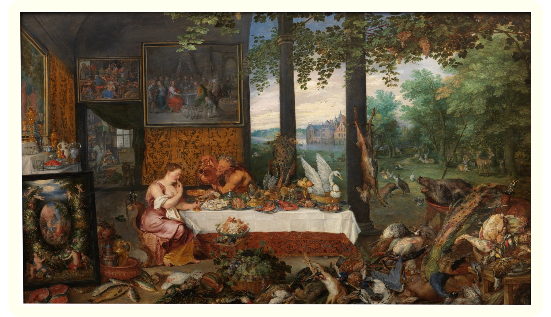 A detailed still life painting depicting a woman and a man at a feast table, surrounded by animals, hunting trophies, and art pieces, with a lush landscape visible through the window in the background.