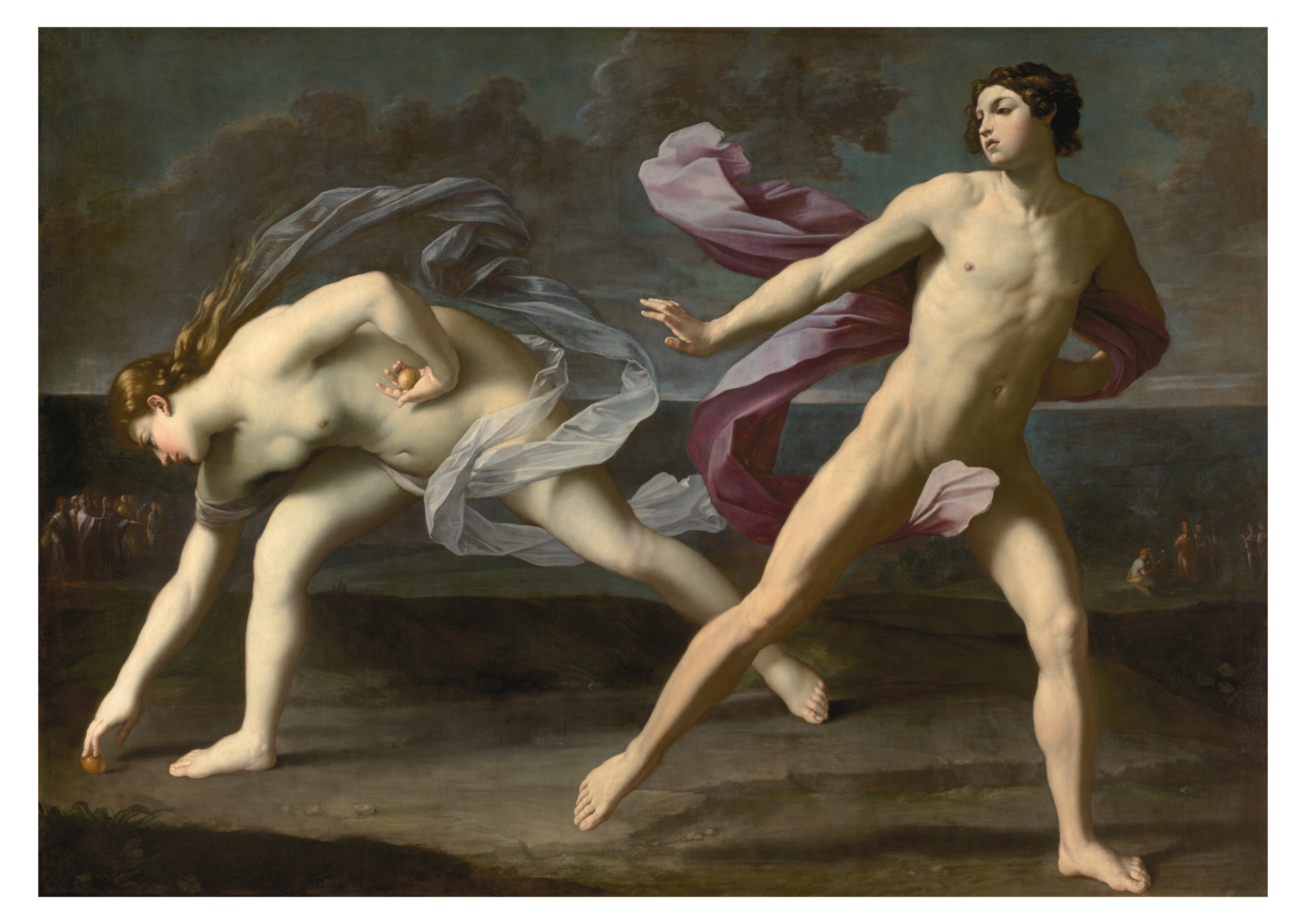 Classical painting of two Nudes, male and female, running on a landscape with a cloudy sky in the background. The female holds an apple, and the male is reaching forward with a swirling, colorful cloth around his shoulder.