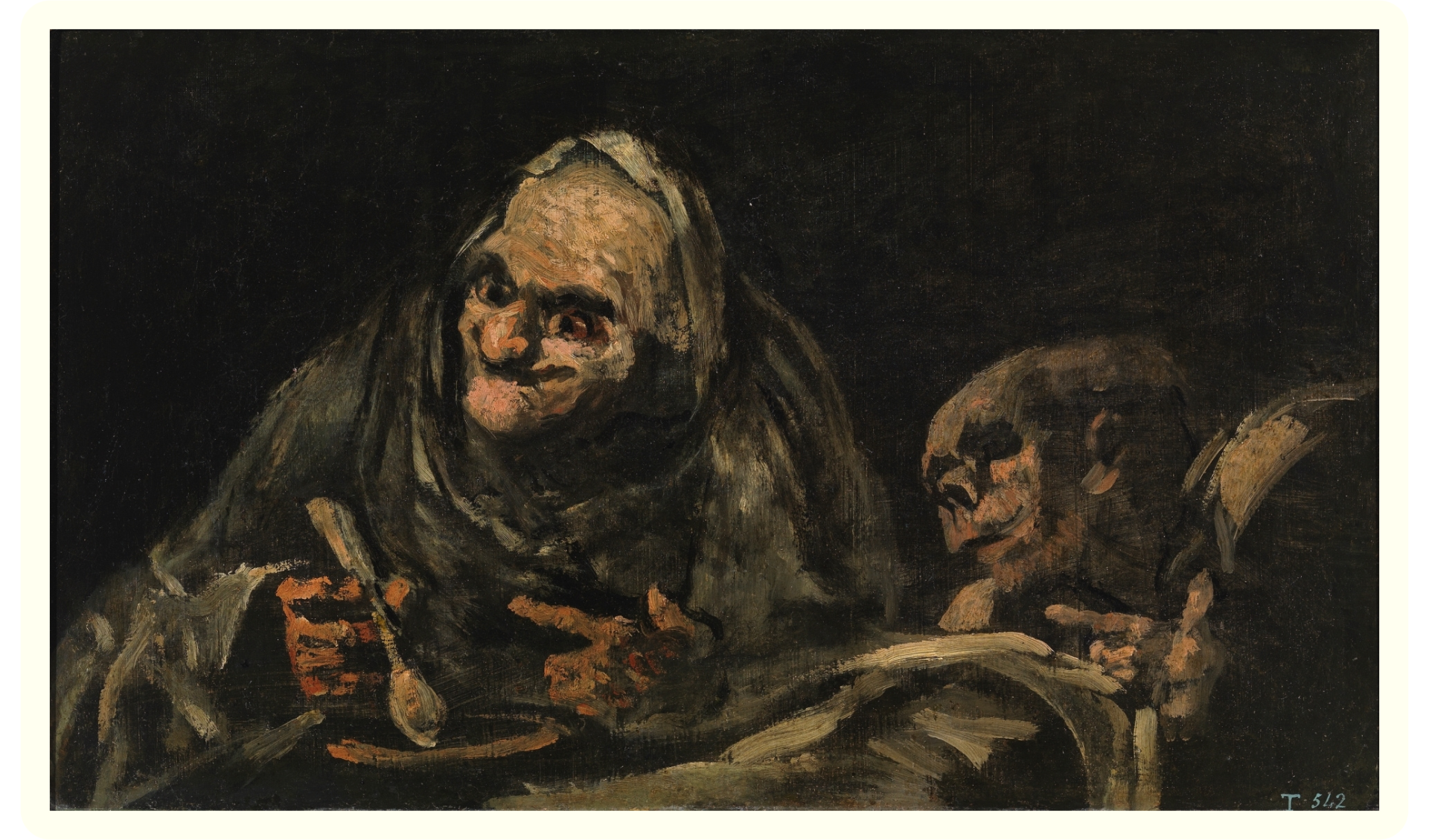 A dark oil painting depicting two men reading a book, with one man showing a cheerful expression and the other looking focused.