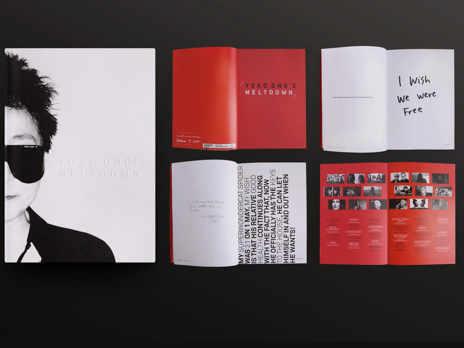Yoko Ono's Meltdown souvenir guide design: embossed book, red title spread, handwritten visitor wish notes, and red event listings pages.