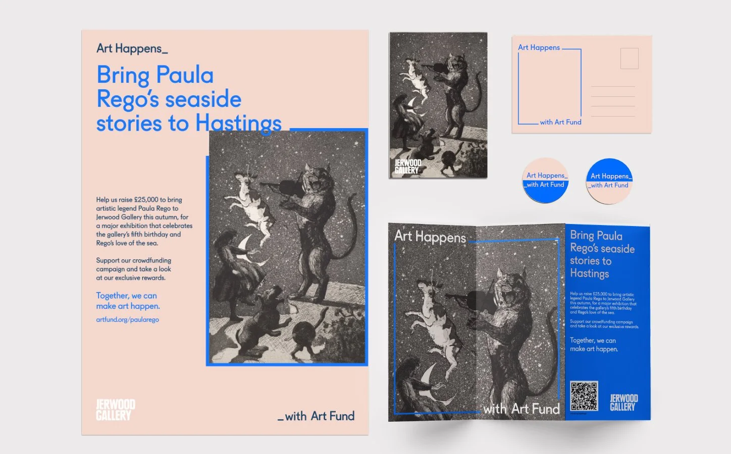 Promotional materials for an art fundraising campaign featuring a black and white artwork of a lion and a unicorn, with text encouraging donations to support art at Jerwood Gallery, and various branded designs including a blue box and round labels.
