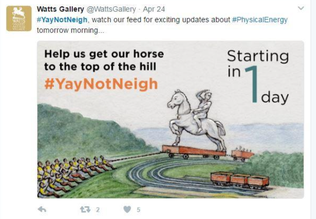 An illustration of a horse on a train with a rider, surrounded by a race track and a group of runners pulling the train, promoting a charitable event to help the horse reach the top of a hill in one day, with the hashtag #YayNotNeigh.