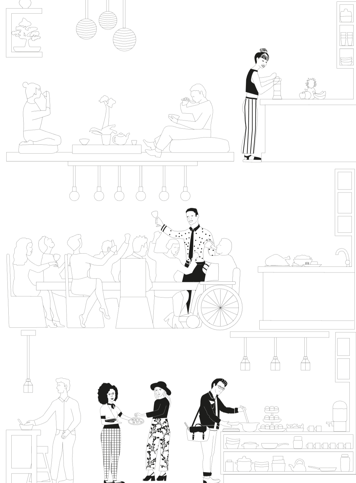 A line drawing of multiple people in a multi-level home, engaging in various activities such as cooking, dining, reading, and socializing.