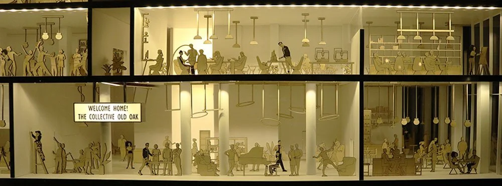Cross-section view of a multi-level cafe or community space with illustrated figures of people socializing, working, and playing.