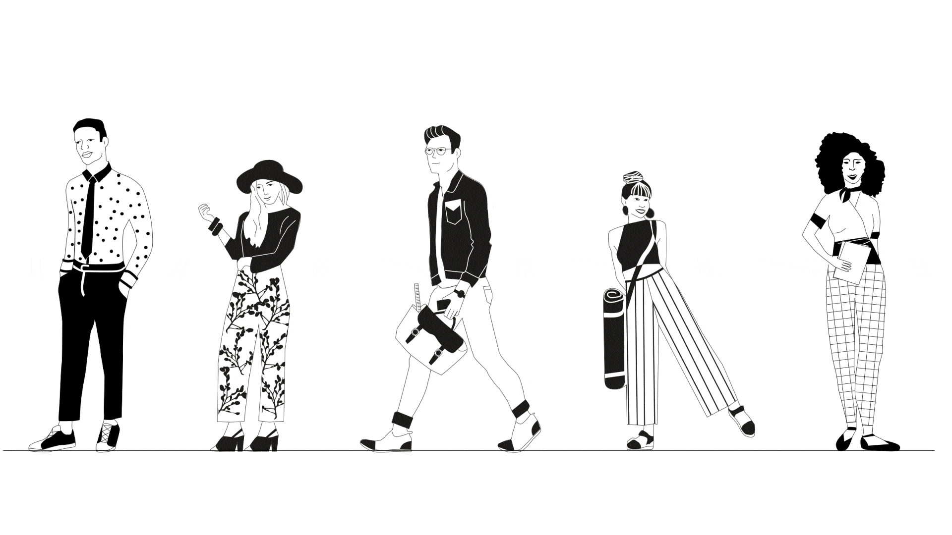Black and white illustration of six fashionable young people standing side by side. The first person is a man with glasses in a polka dot shirt and black pants. The second is a woman in a wide-brim hat and floral wide-leg pants. The third is a man with styled hair, glasses, and a black jacket, carrying a bag. The fourth is a woman with a headscarf and striped wide-leg pants, holding a rolled-up mat. The fifth is a woman with curly hair in a short-sleeved shirt and checkered pants, holding a book.