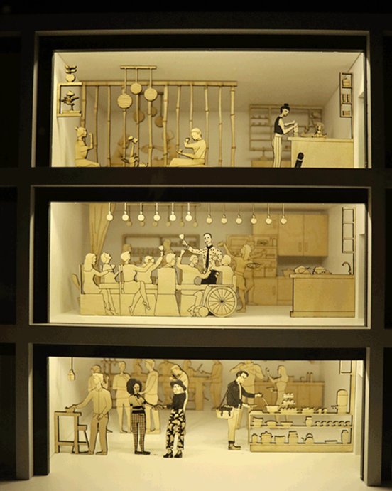 Three story dollhouse with miniature figures, rooms, and furniture, depicting various scenes within each floor.