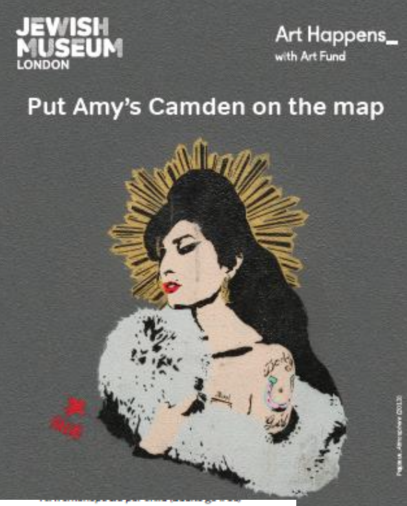 An illustration of a woman with dark hair, red lipstick, and tattoos, wearing a fur coat and holding a fluffy white animal, with a golden halo behind her head, on a gray background. Text above and beside her reads: "Jewish Museum London," "Art Happens _ with Art Fund," and "Put Amy's Camden on the map."