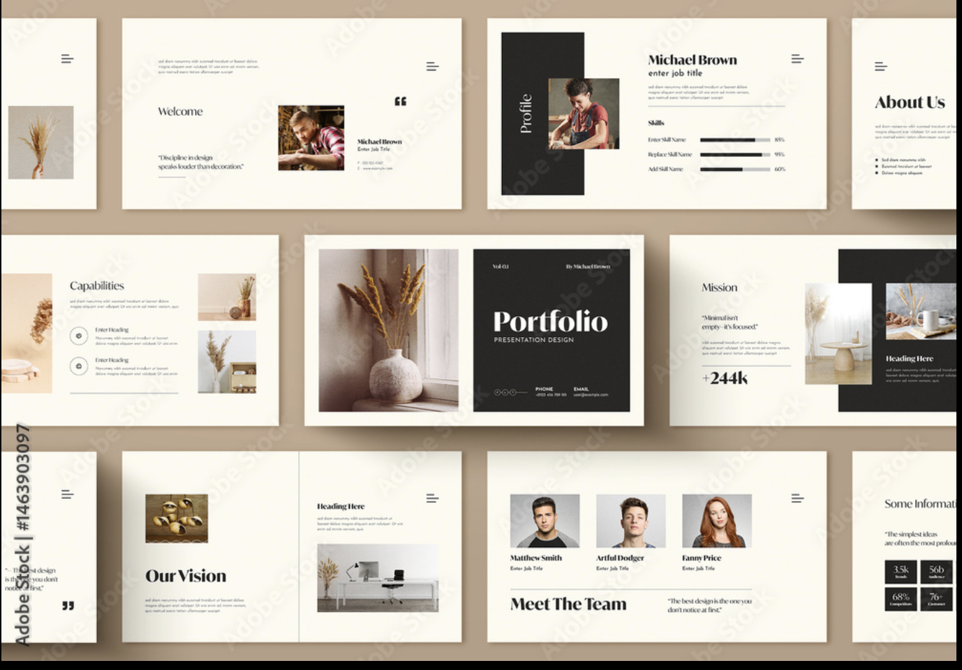 A collection of presentation slides for a portfolio, including sections like About Us, Capabilities, Mission, Our Vision, Meet The Team, and Portfolio, with images of flowers, people, and interior decor against a beige background.