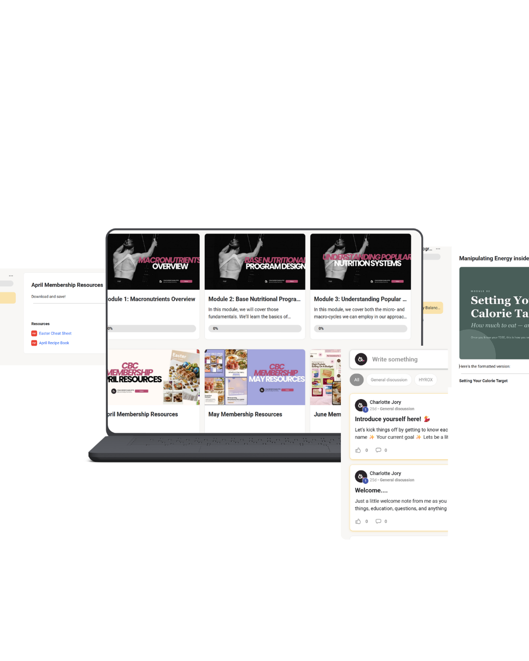 A digital dashboard displaying online course resources, member resources, and a communication section with visible comments and discussions.