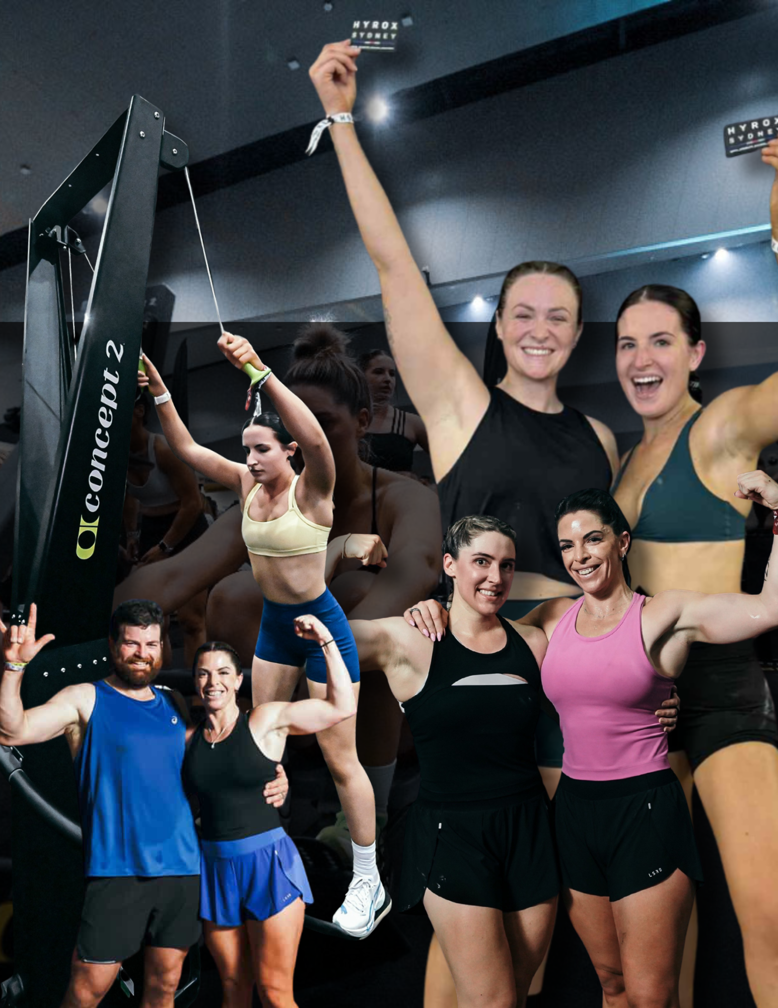 Group of people in workout clothes celebrating at a fitness event. Some are flexing, smiling, and holding a fitness equipment piece.