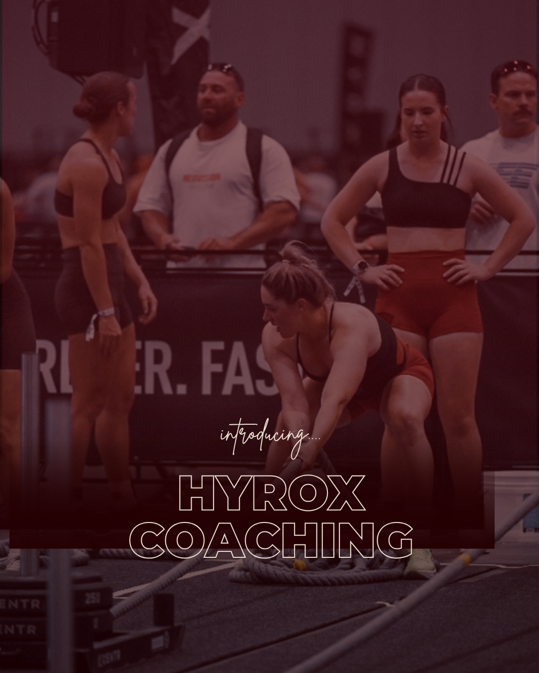A woman tying battle ropes in a gym with three women and a man observing behind her, with text overlay reading 'Introducing Hyrox Coaching'.