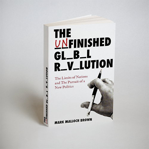 Book titled "The Unfinished Global Revolution" by Mark Malloch Brown with a black and white cover featuring a hand holding a pen.