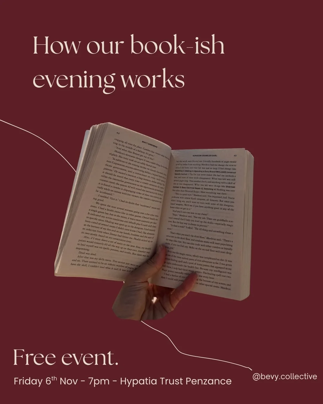 Book lovers of West Cornwall, this one's for you 📚🍷

Join us at The Hypatia Trust, Penzance, on Friday 6th November at 7pm for a cosy evening of books, chat and a glass of something nice, surrounded by shelves and shelves of literature.

Bring your