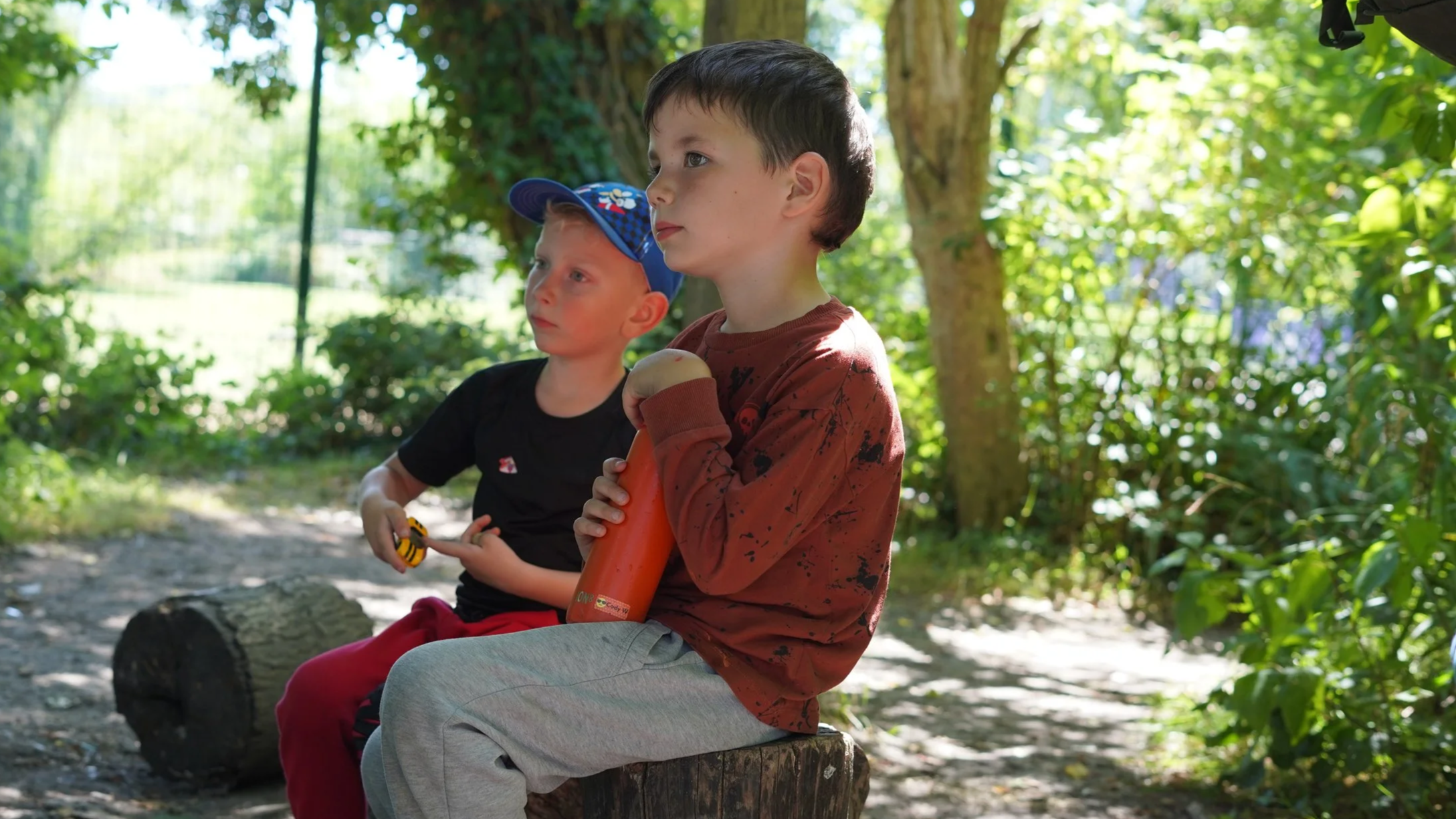 Two young boys sitting on a log in a wooded area, one holding a toy rocket and the other holding a toy car, with trees and greenery in the background.