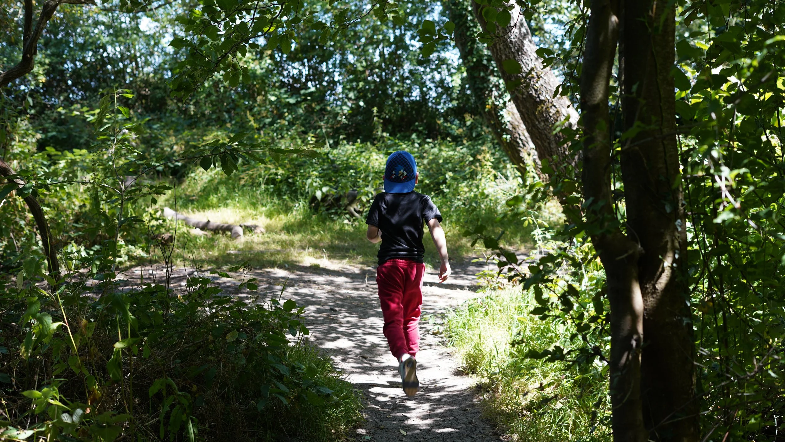 A young boy wearing a blue cap, black shirt, and red pants is running along a dirt trail in a lush green forest.